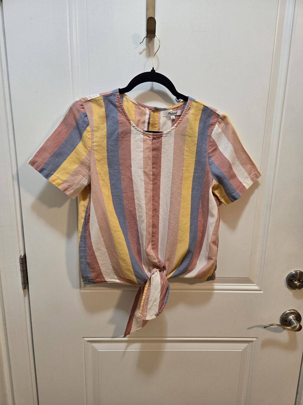Madewell Striped Tie-Front Short Sleeve Top in Pink, Yellow, Blue & Cream